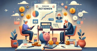 Изображение планирования на пенсию с яркими цветами, включающее пожилого мужчину, изучающего пенсионный план, и пожилую женщину, окруженную символами сбережений.