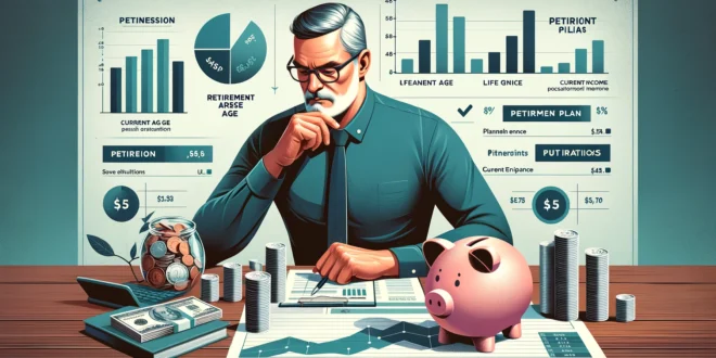 Горизонтальное изображение среднего возраста мужчины в деловом кэжуал, размышляющего о пенсионном плане, с копилкой, переполненной монетами и купюрами, и инфографикой для пенсионного калькулятора.