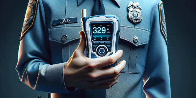 Современный алкотестер в руке полицейского с четким дисплеем показаний.
