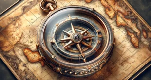 Brújula en un mapa del mundo antiguo, navegación marítima, exploración, aventura.