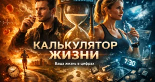 Обложка калькулятора жизни: мужчина с сигаретой и женщина с бутылкой воды стоят по сторонам светящихся песочных часов. На фоне видны цифровые числа, бегун, часы, смартфон и следы.