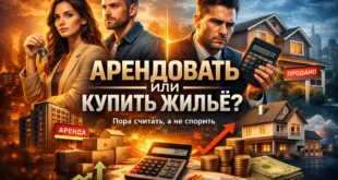 Иллюстрация на тему «аренда или покупка квартиры»: мужчина с калькулятором, пара с ключами, дом, таблички «Аренда» и «Продано», монеты и графики. На изображении показано сравнение аренды жилья и покупки недвижимости.