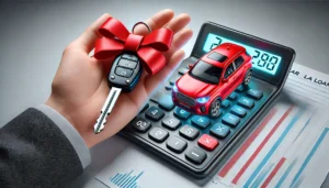 Keys to a new car with a red ribbon in front of a calculator and auto loan chart.