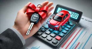 Keys to a new car with a red ribbon in front of a calculator and auto loan chart.