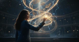 Девушка прикасается к светящемуся календарю времени, чтобы узнать день недели по дате рождения.