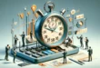 Интерактивное изображение управления временем с профессионалами, использующими остановочные часы в виде калькулятора для эффективной организации рабочего процесса.