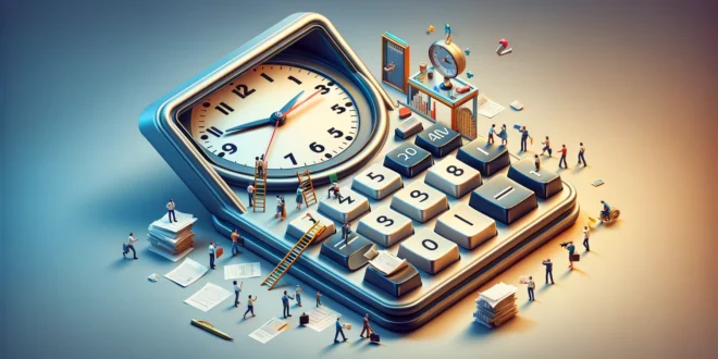 Изображение концептуального калькулятора с интегрированным циферблатом часов и миниатюрными фигурками людей, демонстрирующее управление временем.