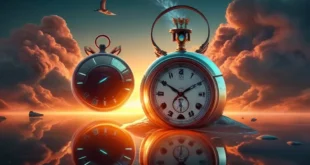 Сюрреалистическое изображение часов, отражающихся в воде на фоне заката.