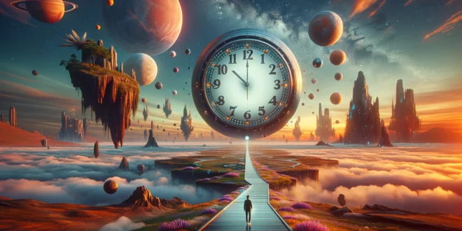 Un hombre se dirige hacia un enorme reloj colgante en un paisaje surrealista con islas flotantes y cuerpos cósmicos.