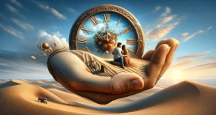 Рука, держащая пейзаж с песчаными дюнами и часами, символизирующими время, с парой на фоне заката.