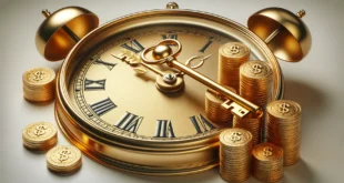Золотые монеты в порядке возрастания у золотых часов с ключом, символизирующими стратегическое увеличение инвестиций