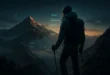 Горный поход на рассвете с HUD-данными расчёта времени: дистанция, набор, погода — онлайн-калькулятор маршрута