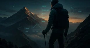 Горный поход на рассвете с HUD-данными расчёта времени: дистанция, набор, погода — онлайн-калькулятор маршрута