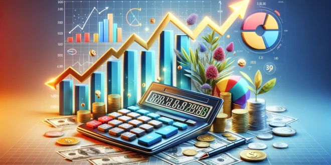 Calculadora interactiva de retorno de la inversión con gráficos de crecimiento en 3D, monedas y billetes sobre un fondo de gráfico de crecimiento de beneficios