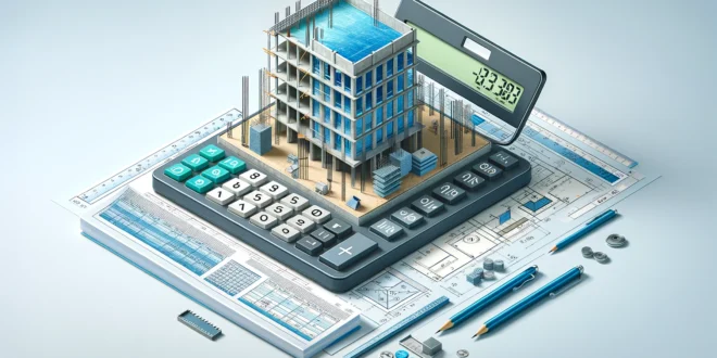 Изометрическое изображение стройплощадки с недостроенным зданием и калькулятором цемента на архитектурном плане