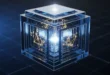 Визуализация вычисления определителя матрицы: абстрактная 3D-структура с числами и светящимся ядром детерминанта.