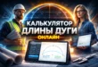 Обложка онлайн-калькулятора длины дуги: на фоне светящейся дуги стоят инженер и дизайнер, а на планшетах показан интерфейс расчёта. На переднем плане видны чертежи и измерительный инструмент.