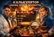Постер для калькулятора закона Бойля-Мариотта: два человека в лабораторной одежде стоят по бокам интерфейса с формулой P₁ × V₁ = P₂ × V₂. На изображении видны баллон с манометром, круглый датчик давления и лабораторная колба на фоне огня и промышленной установки.