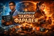 Обложка калькулятора закона Фарадея с двумя учёными, медной катушкой, магнитами и электрическими разрядами на фоне формулы ε = −NΔΦ/Δt. На изображении показаны элементы электромагнитной индукции и соленоида.
