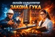 Постер инструмента «калькулятор закона Гука онлайн» с крупной металлической пружиной, манометром, формулами и двумя специалистами по бокам. На фоне видны оранжево-синие световые эффекты и техническая графика.