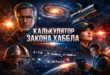Постер калькулятора закона Хаббла с галактикой, космическим телескопом, обсерваторией и тремя людьми на фоне космоса. На переднем плане видна панель с параметрами z, D и H₀.