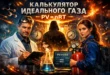 Обложка калькулятора идеального газа: учёный с планшетом, девушка с газовым баллоном и ноутбук с формулой PV = nRT на фоне лаборатории. В кадре видны манометры, колба и промышленное оборудование.
