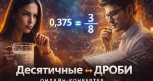 Обложка онлайн-конвертера: 0,375 = 3/8, перевод десятичных чисел в дроби и обратно, точный расчёт и копирование результата