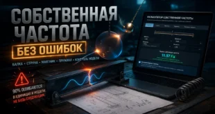 Калькулятор естественной частоты открыт на экране ноутбука рядом с металлической балкой, маятником и пружиной в тёмной мастерской. На переднем плане видны схема колебаний и инженерный чертёж.