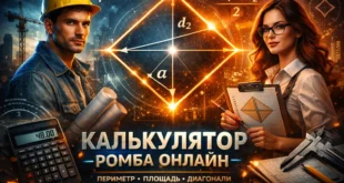 Кинематографичная обложка калькулятора ромба онлайн с формулами периметра, площади, диагоналями и инженерной сценой