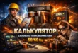 Постерная иллюстрация: крупный силовой трансформатор с медными обмотками, инженер, инженер за рабочим столом, калькулятор и индикаторы 230 В и 12 В. На изображении для страницы «калькулятор силового трансформатора» показаны сердечник, катушки и электрические схемы.