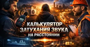 Постер для страницы «калькулятор затухания звука»: инженер с шумомером, рабочий в каске, женщина со спины, кондиционер, трасса и звуковые волны на фоне города. Внизу показаны графики и цифровые показатели измерения шума.