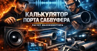 Постерная иллюстрация с коробом сабвуфера, круглым портом, измерительными инструментами и двумя мужчинами на фоне автомобиля. На изображении калькулятор длины порта сабвуфера показан как интерфейс с параметрами 33 Hz и 50 л.
