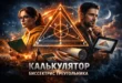 Обложка калькулятора биссектрис треугольника: в центре светящийся треугольник с биссектрисами и вписанной окружностью, по бокам мужчина и женщина с планшетом и блокнотом. На фоне видны формулы, калькулятор и чертежные инструменты.