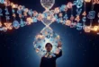 Ученик управляет парящими 3D-числами и переменными в умном калькуляторе умножения и деления степеней.