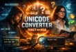 Кинематографичная обложка Unicode converter с программистом в худи, женщиной с блокнотом, плавающими символами и экранами с текстом и кодами Unicode. На изображении показаны двунаправленное преобразование текста и визуальные элементы кодовых точек.