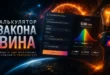 Интерфейс калькулятора закона Вина показан на фоне космоса, Солнца и спектрального графика. Справа видны тепловизор и лампа рядом с экраном расчёта длины волны и температуры.