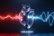 3D-визуализация анализа восстановления пульса: человек перед сердцем, где хаотичный красный ритм переходит в спокойный синий.