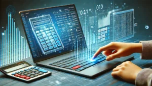 Рука пользователя взаимодействует с виртуальной клавиатурой и голографическим калькулятором на ноутбуке.