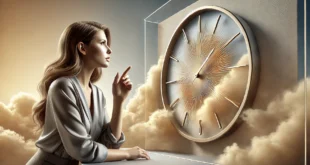 A pensive girl looks at a large modern clock against a backdrop of clouds.