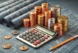 Una calculadora, un lápiz, planos y montones de monedas sobre un fondo de diagramas arquitectónicos simbolizan el presupuesto de la construcción.