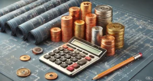 A calculator, pencil, blueprints and stacks of coins against a background of architectural diagrams, symbolizing construction budgeting.