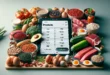 Интерактивный калькулятор белка с высокой детализацией изображения разнообразных белковых продуктов на современной кухне
