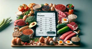 Интерактивный калькулятор белка с высокой детализацией изображения разнообразных белковых продуктов на современной кухне