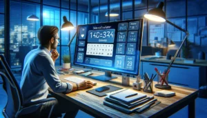 Mann im Büro benutzt Datumsrechner am Computer mit blauer Hintergrundbeleuchtung