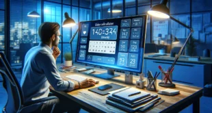 Mann im Büro benutzt Datumsrechner am Computer mit blauer Hintergrundbeleuchtung