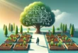 Interactive educational garden with a man learning square roots on tree leaves, against a background of bright colors