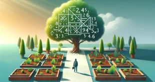 Jardín educativo interactivo con una persona aprendiendo raíces cuadradas en hojas de árboles, sobre un fondo de colores vibrantes
