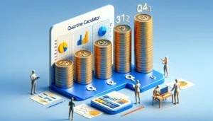 Visualización interactiva de una calculadora de cuartiles con pilas de monedas.
