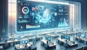A research lab with state-of-the-art digital displays showing CO2 concentration data on a world map and scientific calculations, with scientists working on transparent interactive screens.
