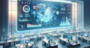 A research lab with state-of-the-art digital displays showing CO2 concentration data on a world map and scientific calculations, with scientists working on transparent interactive screens.